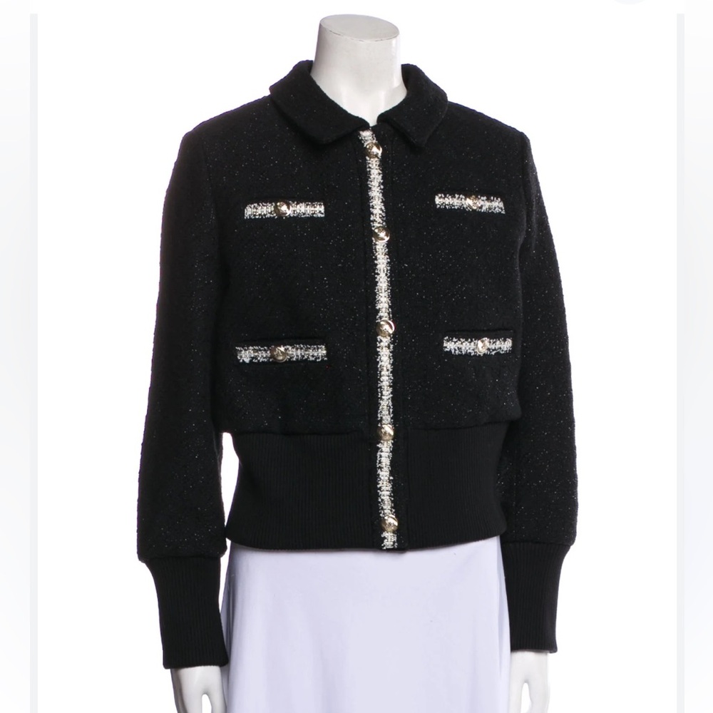 Maje Contrast-trimmed Tweed Trim Jacket Black Size 38